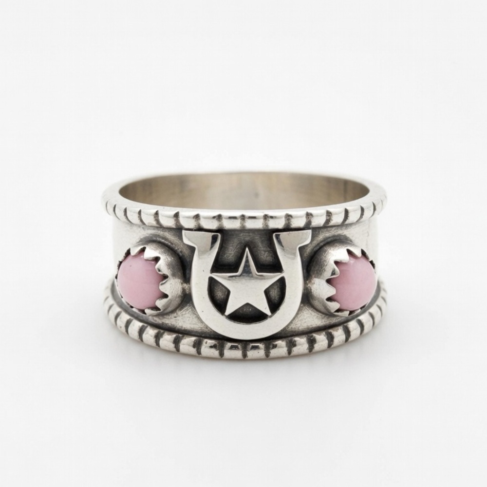 Solid 925 Sterling Silver Pink Conch Gemstone Hor… - image 1